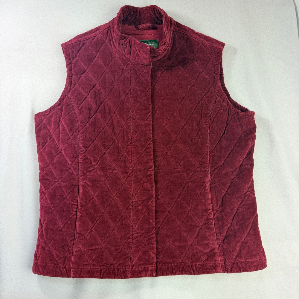 Eddie Bauer Womens Burgundy Quilted Corduroy Vest‎ Stand Collar Maroon Large
